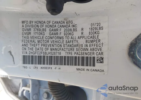 2020 Honda Civic Lx z USA, uszkodzony, nr VIN 2HGFC2F68LH528718